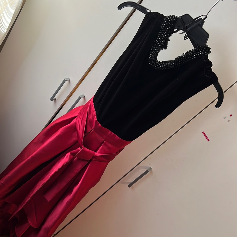 Sleeveless Beaded Neck Velvet Black and Satin Red bottom dress